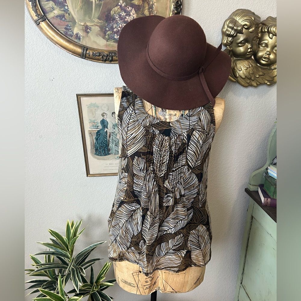 Rafaella Black Brown Cream Sheer Mesh Palm Banana Leaf Sleeveless Blouse Sz S